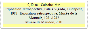 Zone de Texte: 0,50 m.  Calcaire dur.
Exposition rtrospective, Palais Vigad, Budapest, 1983  Exposition rtrospective, Muse de la Monnaie, 1981-1982  
Muse de Meudon, 2001

