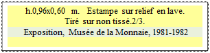 Zone de Texte: h.0,96x0,60 m.   Estampe sur relief en lave. 
Tir sur non tiss.2/3.
 Exposition, Muse de la Monnaie, 1981-1982 

