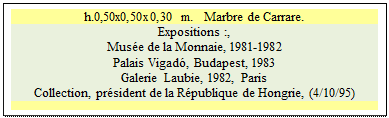 Zone de Texte: h.0,50x0,50x0,30 m.   Marbre de Carrare.
Expositions :, 
Muse de la Monnaie, 1981-1982  
Palais Vigad, Budapest, 1983  
Galerie Laubie, 1982, Paris 
Collection, prsident de la Rpublique de Hongrie, (4/10/95) 

