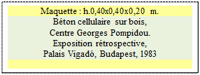 Zone de Texte: Maquette : h.0,40x0,40x0,20 m. 
Bton cellulaire sur bois, 
Centre Georges Pompidou.
Exposition rtrospective, 
Palais Vigad, Budapest, 1983

