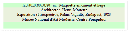 Zone de Texte: h.0,40x0,80x0,80 m.  Maquette en ciment et liège
Architecte :  Henri Mouette
Exposition rétrospective, Palais Vigadó, Budapest, 1983 
Musée National d'Art Moderne, Centre Pompidou

