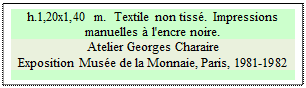 Zone de Texte: h.1,20x1,40 m.  Textile non tiss.  Impressions manuelles  l'encre noire.
Atelier Georges Charaire
Exposition Muse de la Monnaie, Paris, 1981-1982

