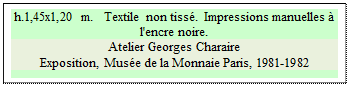 Zone de Texte: h.1,45x1,20 m.   Textile non tiss.  Impressions manuelles  l'encre noire.
Atelier Georges Charaire
Exposition, Muse de la Monnaie Paris, 1981-1982


