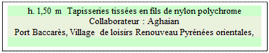 Zone de Texte: h. 1,50 m  Tapisseries tisses en fils de nylon polychrome
Collaborateur : Aghaian 
Port Baccars, Village de loisirs Renouveau Pyrnes orientales,               

