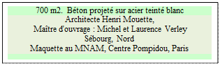 Zone de Texte: 700 m2.  Bton projet sur acier teint blanc
Architecte Henri Mouette, 
Maquette au MNAM, Centre Pompidou, Paris

