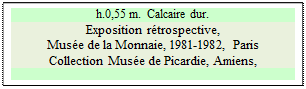 Zone de Texte: h.0,55 m.  Calcaire dur.
Exposition rétrospective, 
Musée de la Monnaie, 1981-1982, Paris  
Collection Musée de Picardie, Amiens, 


