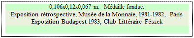 Zone de Texte: 0,106x0,12x0,067 m.   Mdaille fondue.
Exposition rtrospective, Muse de la Monnaie, 1981-1982, Paris  Exposition Budapest 1983, Club Littraire Fszek 

