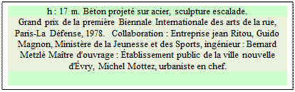 Zone de Texte: h : 17 m. Bton projet sur acier, sculpture escalade.
Grand prix de la premire Biennale Internationale des arts de la rue, Paris-La Dfense, 1978.  Collaboration : Entreprise jean Ritou, Guido Magnon, Ministre de la Jeunesse et des Sports, ingnieur : Bernard Metzl Matre d'ouvrage : tablissement public de la ville nouvelle d'vry, Michel Mottez, urbaniste en chef.  

