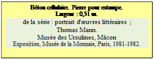 Zone de Texte: Bton cellulaire. Pierre pour estampe.
Largeur : 0,51 m. 
de la srie : portrait d'uvres littraires ; 
Thomas Mann.
Muse des Ursulines, Mcon
Exposition, Muse de la Monnaie, Paris, 1981-1982.


