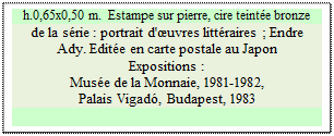 Zone de Texte: h.0,65x0,50 m.  Estampe sur pierre, cire teinte bronze
de la srie : portrait d'uvres littraires ; Endre Ady. Edite en carte postale au Japon 
Expositions : 
Muse de la Monnaie, 1981-1982, 
Palais Vigad, Budapest, 1983 

