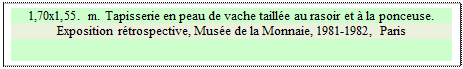 Zone de Texte: 1,70x1,55. m. Tapisserie en peau de vache taille au rasoir et  la ponceuse. 
Exposition rtrospective, Muse de la Monnaie, 1981-1982, Paris

