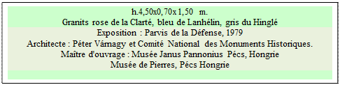 Zone de Texte: h.4,50x0,70x1,50 m.
Granits rose de la Clart, bleu de Lanhlin, gris du Hingl
Exposition : Parvis de la Dfense, 1979
Architecte : Pter Vrnagy et Comit National  des Monuments Historiques. 
Matre d'ouvrage : Muse Janus Pannonius  Pcs, Hongrie 
Muse de Pierres, Pcs Hongrie

