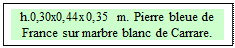 Zone de Texte: h.0,30x0,44x0,35 m. Pierre bleue de France sur marbre blanc de Carrare.