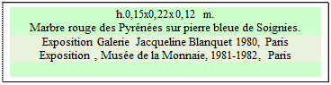 Zone de Texte: h.0,15x0,22x0,12 m.
Marbre rouge des Pyrénées sur pierre bleue de Soignies. 
Exposition Galerie Jacqueline Blanquet 1980, Paris  
Exposition , Musée de la Monnaie, 1981-1982, Paris  

