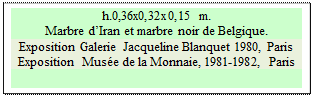 Zone de Texte: h.0,36x0,32x0,15 m.
Marbre d’Iran et marbre noir de Belgique. 
Exposition Galerie Jacqueline Blanquet 1980, Paris  
Exposition  Musée de la Monnaie, 1981-1982, Paris  

