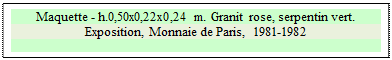 Zone de Texte: Maquette - h.0,50x0,22x0,24 m. Granit rose, serpentin vert. 
Exposition, Monnaie de Paris,  1981-1982

