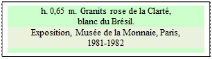 Zone de Texte: h. 0,65 m. Granits rose de la Clart, 
blanc du Brsil.
Exposition, Muse de la Monnaie, Paris, 
1981-1982

