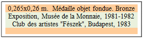 Zone de Texte: 0,265x0,26 m.  Mdaille objet fondue. Bronze
Exposition, Muse de la Monnaie, 1981-1982
Club des artistes "Fszek", Budapest, 1983 

