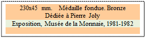 Zone de Texte: 230x45 mm.   Mdaille fondue. Bronze 
Ddie  Pierre Joly
Exposition, Muse de la Monnaie, 1981-1982

