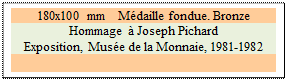 Zone de Texte: 180x100 mm   Mdaille fondue. Bronze
Hommage  Joseph Pichard
Exposition, Muse de la Monnaie, 1981-1982

