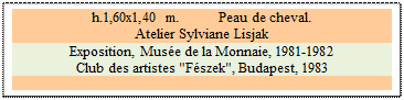 Zone de Texte: h.1,60x1,40 m. 	 Peau de cheval. 
Atelier Sylviane Lisjak 
Exposition, Muse de la Monnaie, 1981-1982
Club des artistes "Fszek", Budapest, 1983 

