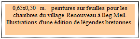 Zone de Texte: 0,65x0,50 m.   peintures sur feuilles pour les chambres du village Renouveau  Beg Meil.
Illustrations d'une dition de lgendes bretonnes. 
