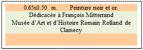 Zone de Texte: 0.65x0.50 m.	Peinture noir et or. 
Ddicace  Franois Mitterrand
Muse dArt et dHistoire Romain Rolland de Clamecy

