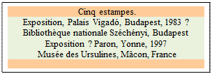 Zone de Texte:  Cinq estampes.
Exposition, Palais Vigad, Budapest, 1983 ? Bibliothque nationale Szchnyi, Budapest Exposition ? Paron, Yonne, 1997 
 Muse des Ursulines, Mcon, France 

