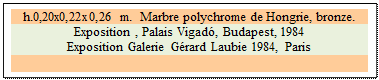 Zone de Texte: h.0,20x0,22x0,26 m.  Marbre polychrome de Hongrie, bronze. 
Exposition , Palais Vigad, Budapest, 1984
Exposition Galerie Grard Laubie 1984, Paris

