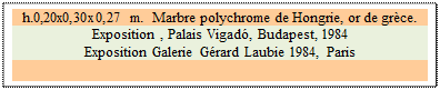 Zone de Texte: h.0,20x0,30x0,27 m.  Marbre polychrome de Hongrie, or de grce. 
Exposition , Palais Vigad, Budapest, 1984
Exposition Galerie Grard Laubie 1984, Paris

