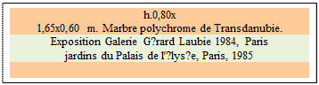 Zone de Texte: h.0,80x
1,65x0,60 m. Marbre polychrome de Transdanubie. 
Exposition Galerie G?rard Laubie 1984, Paris
jardins du Palais de l'?lys?e, Paris, 1985

