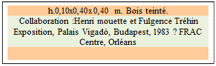 Zone de Texte: h.0,10x0,40x0,40 m. Bois teint. 
 Collaboration :Henri mouette et Fulgence Trhin
Exposition, Palais Vigad, Budapest, 1983 ? FRAC Centre, Orlans

