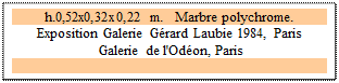 Zone de Texte: h.0,52x0,32x0,22 m.   Marbre polychrome. 
Exposition Galerie Grard Laubie 1984, Paris 
 Galerie de l'Odon, Paris

