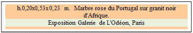 Zone de Texte: h.0,20x0,53x0,23 m.  Marbre rose du Portugal sur granit noir d'Afrique.
Exposition Galerie de L'Odon, Paris
 
