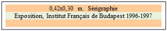 Zone de Texte: 0,42x0,30 m.  Srigraphie 
Exposition, Institut Franais de Budapest 1996-1997

