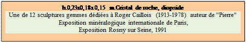 Zone de Texte: h.0,23x0,18x0,15 m.Cristal de roche, diopside
Une de 12 sculptures gemmes ddies  Roger Caillois  (1913-1978) auteur de "Pierre"
 Exposition minralogique internationale de Paris, 
Exposition Rosny sur Seine, 1991

