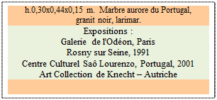 Zone de Texte: h.0,30x0,44x0,15 m.  Marbre aurore du Portugal, 
granit noir, larimar. 
Expositions :
Galerie de l'Odon, Paris 
Rosny sur Seine, 1991
Centre Culturel Sa Lourenzo, Portugal, 2001
Art Collection de Knecht  Autriche

