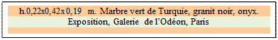Zone de Texte: h.0,22x0,42x0,19 m. Marbre vert de Turquie, granit noir, onyx. 
Exposition, Galerie de lOdon, Paris

