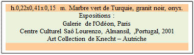 Zone de Texte: h.0,22x0,41x0,15 m. Marbre vert de Turquie, granit noir, onyx.
Expositions :
Galerie de l'Odon, Paris 
Centre Culturel Sa Lourenzo, Almansil, ,Portugal, 2001
Art Collection de Knecht  Autriche
 
