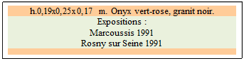 Zone de Texte: h.0,19x0,25x0,17 m. Onyx vert-rose, granit noir. 
Expositions : 
Marcoussis 1991 
Rosny sur Seine 1991 

