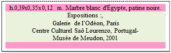 Zone de Texte: h.0,39x0,35x0,12 m. Marbre blanc d'gypte, patine noire. 
Expositions :,
 Galerie de lOdon, Paris
Centre Culturel Sa Lourenzo, Portugal- 
Muse de Meudon, 2001

