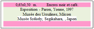 Zone de Texte: 0,65x0,50 m. 	 Encres noir et caf. 
Exposition - Paron, Yonne, 1997 
Muse des Ursulines, Mcon
Muse Szkely, Segikahara, , Japon 

