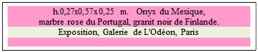 Zone de Texte: h.0,27x0,57x0,25 m.   Onyx du Mexique, 
marbre rose du Portugal, granit noir de Finlande.
Exposition, Galerie de L'Odon, Paris

