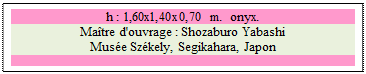 Zone de Texte: h : 1,60x1,40x0,70 m.  onyx. 
Matre d'ouvrage : Shozaburo Yabashi
Muse Szkely, Segikahara, Japon

