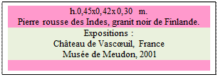 Zone de Texte: h.0,45x0,42x0,30 m. 
Pierre rousse des Indes, granit noir de Finlande.
Expositions :
Chteau de Vascuil, France 
 Muse de Meudon, 2001

