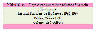 Zone de Texte: 0,76x056 m.   5 gravures sur cuivre teintes  la main.
 Expositions :
Institut Franais de Budapest 1996-1997 
Paron, Yonne1997  
Galerie de lOdon

