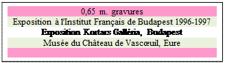 Zone de Texte: 0,65 m. gravures
Exposition  l'Institut Franais de Budapest 1996-1997
Exposition Kortars Gallria, Budapest
Muse du Chteau de Vascuil, Eure

