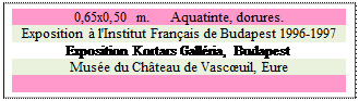 Zone de Texte: 0,65x0,50 m. 	 Aquatinte, dorures.
Exposition  l'Institut Franais de Budapest 1996-1997
Exposition Kortars Gallria, Budapest
Muse du Chteau de Vascuil, Eure

