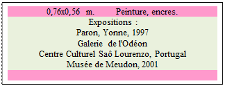 Zone de Texte: 0,76x0,56 m. 	 Peinture, encres.
 Expositions : 
Paron, Yonne, 1997 
Galerie de l'Odon 
Centre Culturel Sa Lourenzo, Portugal 
Muse de Meudon, 2001

