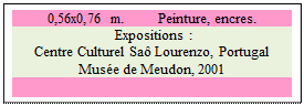 Zone de Texte: 0,56x0,76 m. 	 Peinture, encres.
 Expositions : 
Centre Culturel Sa Lourenzo, Portugal 
Muse de Meudon, 2001

